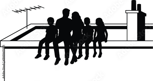 Happy family sitting together on rooftop silhouette, parents and children bonding at home, unity, togetherness, lifestyle concept, black white vector illustration
