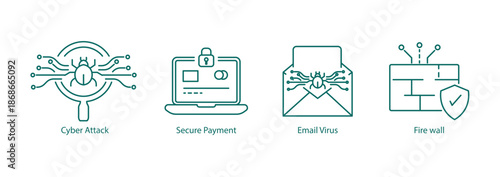 Cybersecurity icon pack with email virus and firewall protection