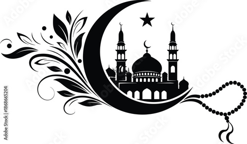 Decorative Islamic mosque silhouette with crescent moon, star and prayer beads symbolizing Ramadan, Eid, faith and spirituality celebrations