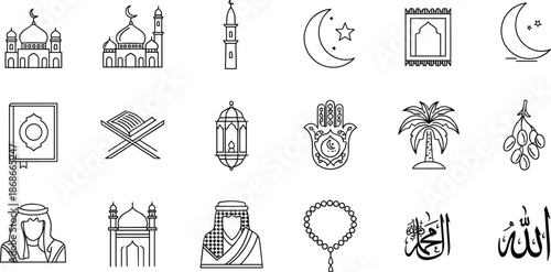 Islamic line icons collection featuring mosque, crescent moon, Quran, prayer symbols and cultural elements for Ramadan and Eid designs