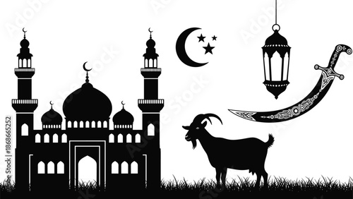 Islamic Eid al Adha illustration featuring mosque, crescent moon, lantern and sacrificial goat symbolizing faith and spiritual celebration