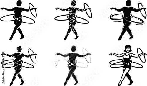 Hula hoop dancer silhouette illustration set, female fitness hooping movement, exercise workout vector icons in playful artistic modern style