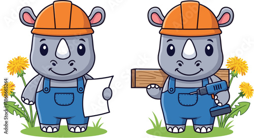 Cute rhino construction worker cartoon characters holding blueprint wood and drill, friendly animal builder vector illustration set
