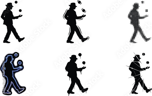 Juggler silhouette vector set, man walking and juggling balls, halftone, neon glow, dripping ink and abstract shattered style artwork