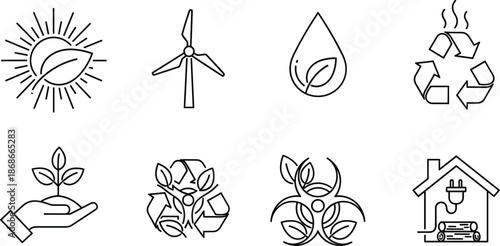 Minimal line icons set representing renewable energy, recycling, sustainability and eco friendly technologies for environmental conservation concepts and climate awareness