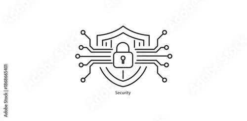 Security shield with padlock and digital circuit line icon
