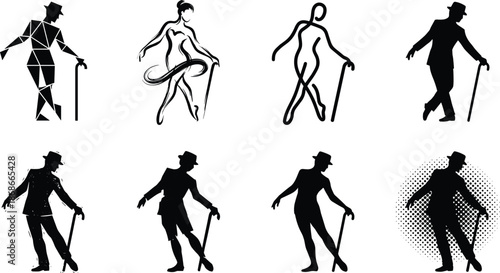 Man silhouette dancing with cane vector set, vintage jazz dancer poses, abstract geometric shapes, halftone design, artistic retro figure