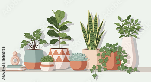 Collection of potted plants and succulents on a shelf with decorative items