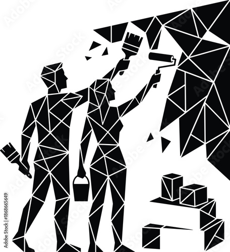 Modern couple renovating home together polygonal silhouette, teamwork, DIY repair, construction concept, creative partnership, black white vector illustration