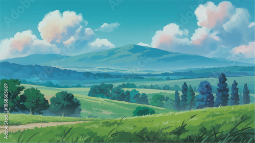 beautiful green landscape with blue sky and white clouds  serene scenery