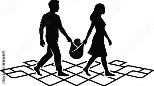 Parents holding child’s hands while walking, family silhouette playing hopscotch together, childhood, parenting, love, support, black white vector illustration