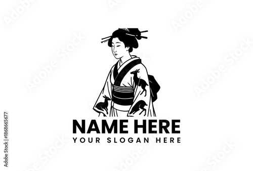 Geisha in Kimono with Deer Motif Traditional Hairstyle and Ornamentation.