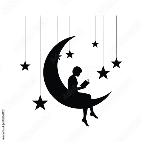 Silhouette of a Young Woman Reading a Book Sitting on a Crescent Moon Stars