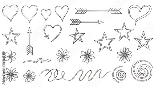 Hand-drawn shapes and symbols collection isolated on transparent background