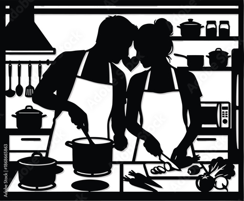 Romantic couple cooking together in modern kitchen silhouette, love, teamwork, home cooking, culinary lifestyle illustration vector art black white design