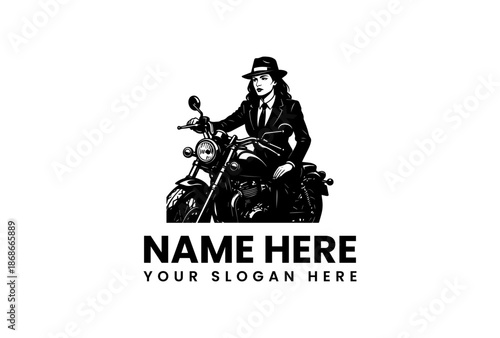 Monochrome Woman in Suit and Fedora on Classic Motorcycle Illustration.