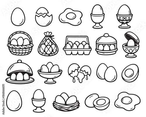 Line art egg set featuring whole, fried, cracked, and boiled eggs for breakfast, cooking, and farm themes