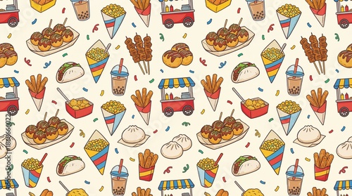 Vibrant street food pattern with snacks and drinks on cream background