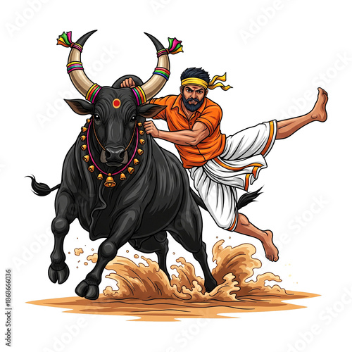 Traditional Jallikattu Bull Taming Illustration with Strong South Indian Man and Powerful Black Bull, PNG Transparent Background Isolated on White