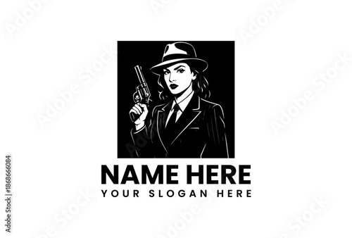 NoirStyle Woman with Revolver Wearing Hat and Suit Posing Confidently.