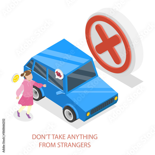 3D Isometric Flat Vector Illustration of Kidnapping Awareness For Children, How to Recognize Signs Of Potential Danger And Prevent Abduction. Item 6