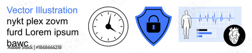 Healthcare, data security, protection, time management, cardiovascular health, medical monitoring. Clock, shield with lock EKG chart human body graphic. Healthcare and data security concept