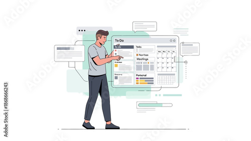 Man Interacting with Digital To-Do List and Project Management Interface