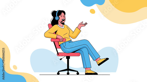 Customer service representative with headset, talking and gesturing, illustration