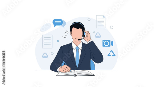 Customer Service Representative with Headset Working at Desk