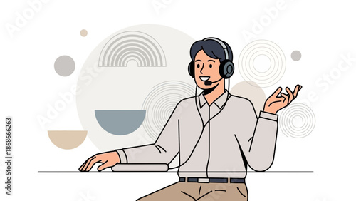 Friendly male call center agent wearing headset, communicating with client, abstract background
