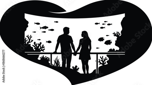 Romantic couple holding hands at aquarium silhouette inside heart shape, love, connection, underwater world, relationship concept, black white vector illustration