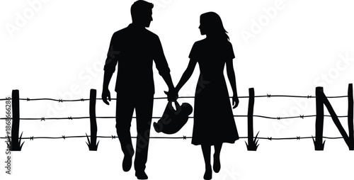 Romantic couple holding hands walking by countryside fence silhouette, love, togetherness, peaceful relationship, rural lifestyle, black white vector illustration
