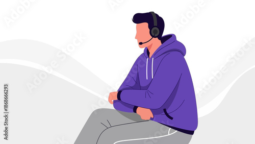 Gamer wearing headset, sitting and playing video games, modern illustration