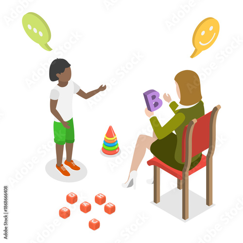 3D Isometric Flat Vector Set of Parents Learning with their Kids, Engaging In Educational Activities Together. Item 3