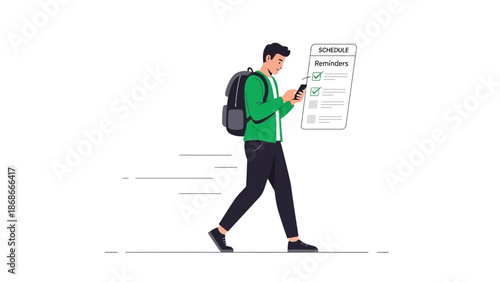 Man checking smartphone schedule reminders while walking with backpack