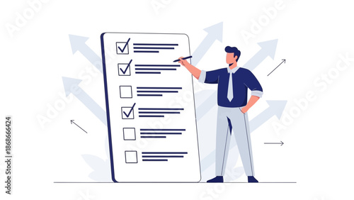 Man Checking Off Tasks on a Large Checklist with Arrows Symbolizing Goals and Progress