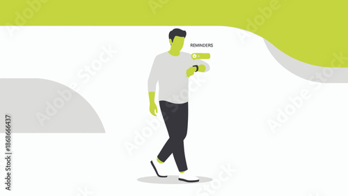 Man checking smartwatch with reminder notification enabled, modern flat illustration