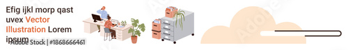 Business productivity, workplace organization, modern office setup, teamwork, file management, efficiency. office workers, desk file cabinet and cloud storage icon. Productivity and workplace