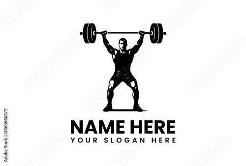Silhouette of a muscular weightlifter holding a barbell overhead in a powerlifting stance.