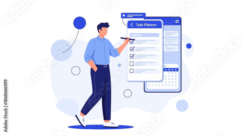 Man checking tasks on digital planner, planning organized schedule, to-do list app concept.