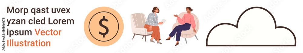 Obraz premium Business, financial planning, cloud technology, teamwork, consultation, communication. Two people discussing in chairs, a dollar sign icon and a cloud graphic. Business and financial planning