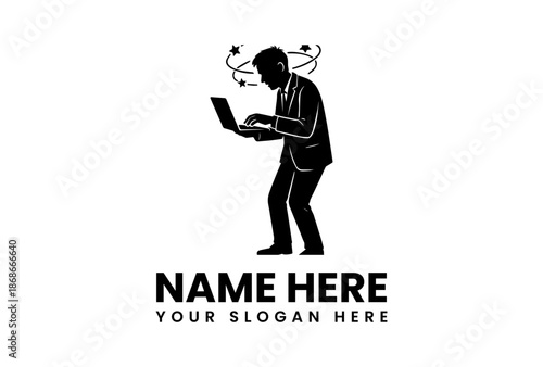 Silhouette of dizzy businessman using laptop with swirling stars above head.