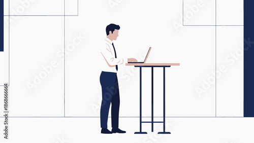 Man in Suit Working on Laptop at Standing Desk - Modern Office Illustration