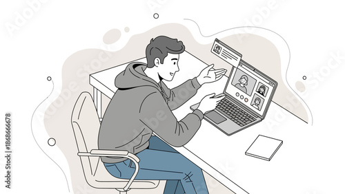 Man in Hoodie Video Calling on Laptop, Working Remotely, Online Communication