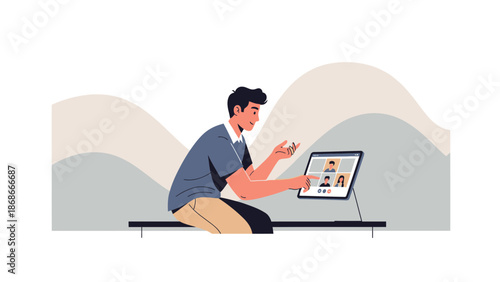 Man in video conference call on tablet, remote communication and teamwork