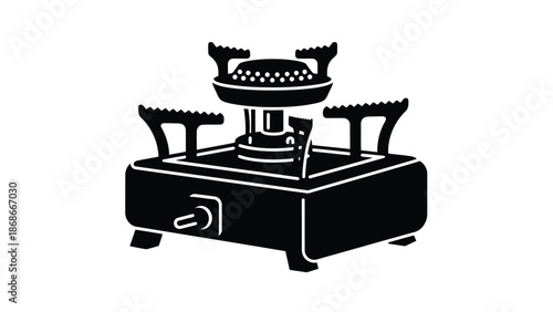 Black silhouette of portable gas stove with two burners and handles isolated on white background