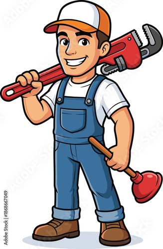 Cartoon plumber character vector illustration holding wrench and plunger professional repairman mascot for plumbing service advertising design marketing branding use