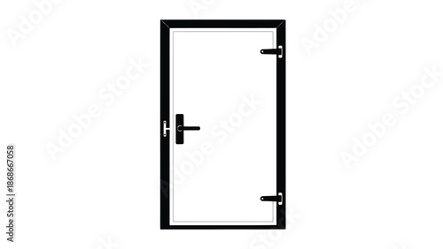 Flat illustration of a closed door with a black frame and handle isolated on white background