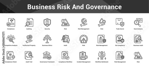 Business Risk And Governance Cohesive set of minimalist vector icons representing key ideas with visual clarity