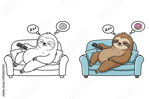 PrintCute Sleeping Sloth Relaxing on Sofa Cartoon Illustration